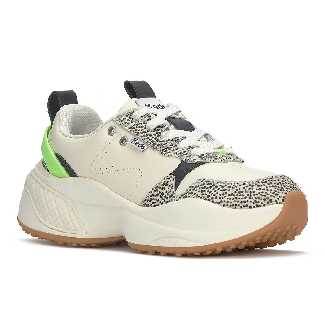 Keds Women’s Cross City Trainer Leather Sneaker Egret/Black/Lime