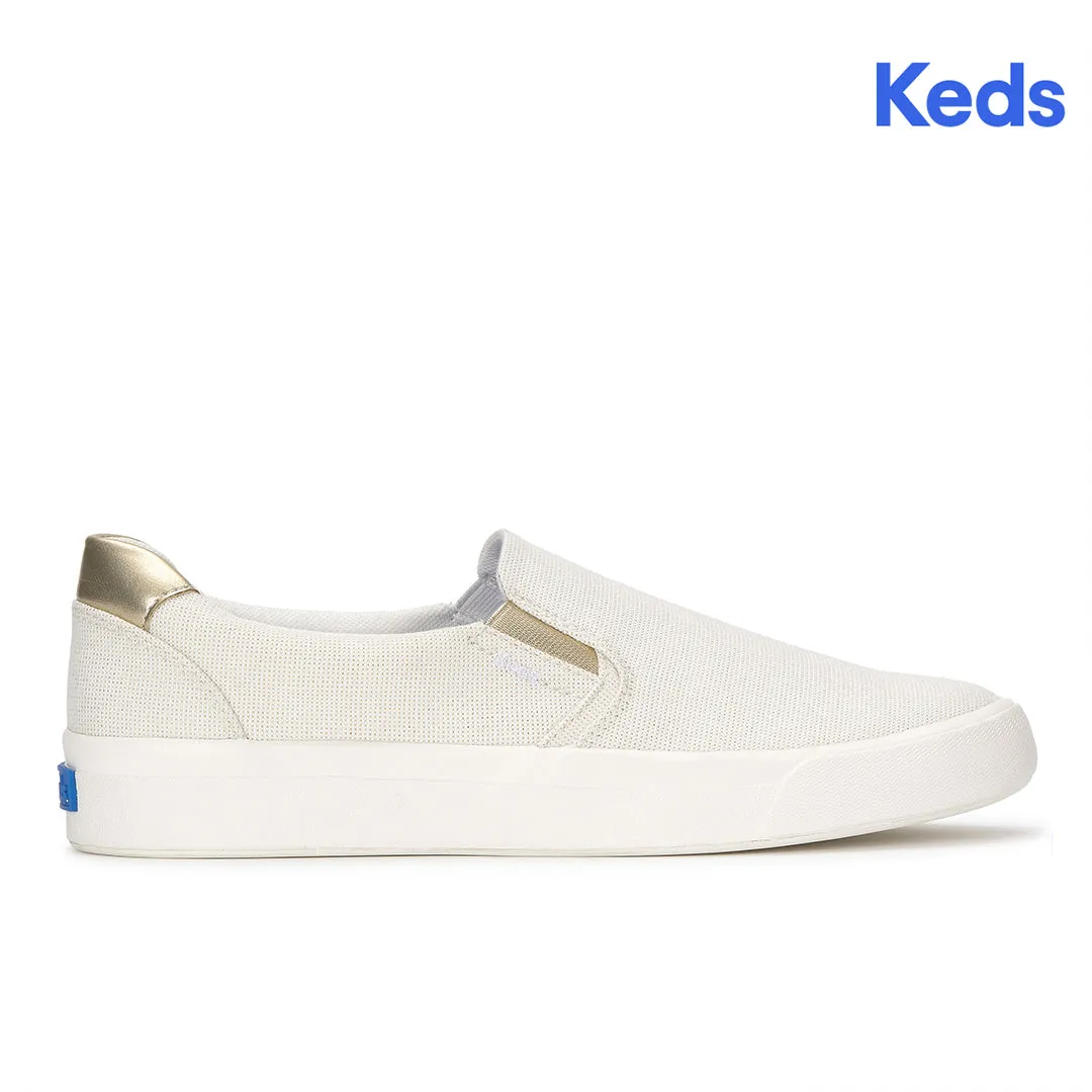 Keds Women’s Pursuit Slip Lurex Linen Snow White/Gold Sneaker