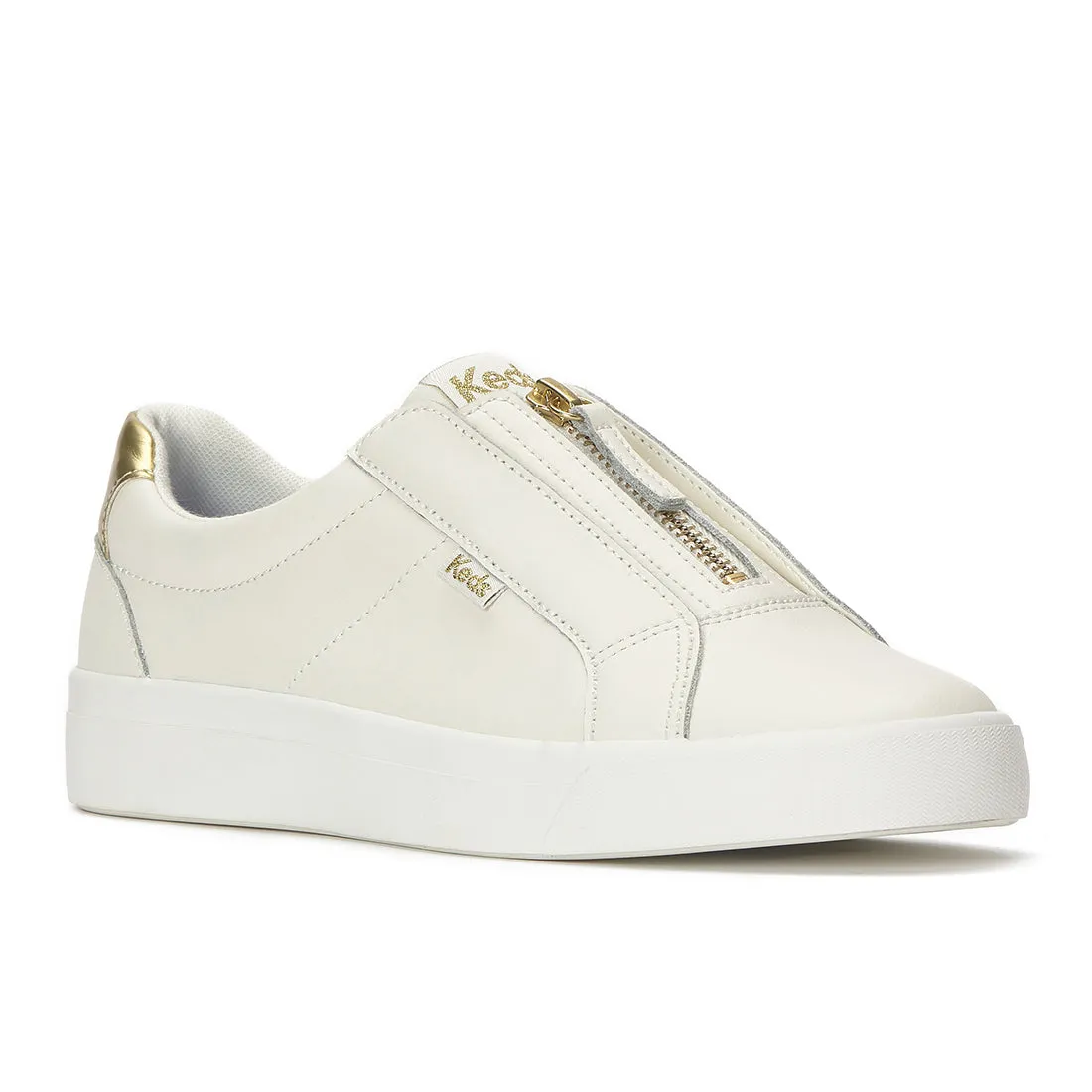 Keds Pursuit Zip Leather Metallic Heel Sneaker Snow White/Gold
